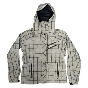 COLUMBIA Jacket TITANIUM Womens Large Gray Windowpane Plaid Waterproof Hooded